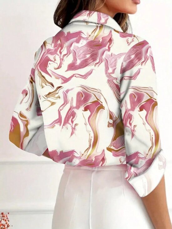 Multicolor Casual Women's Geometric Print Shirt with Button Collar - Picture 2 of 3